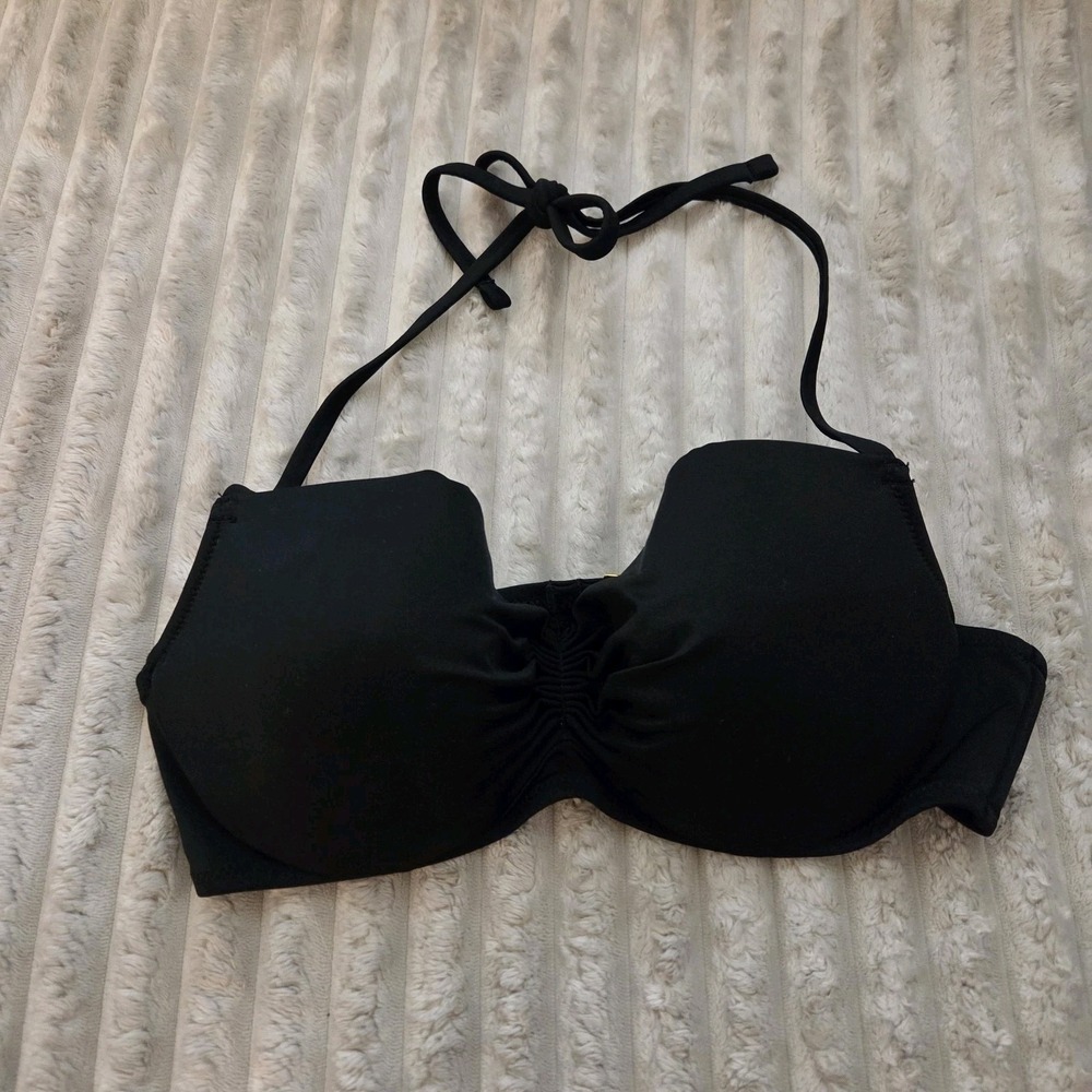 Smart & Sexy Black Push Up Bikini Top 34D Underwire Halter Swim Center Cinch - Picture 1 of 11